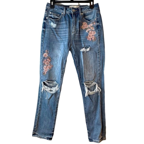 Garage Mom Jeans Floral Embroidered Distressed High Rise 7 - Picture 1 of 16